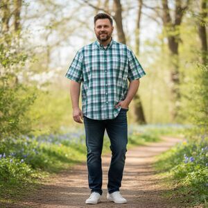 Croft & Barrow Aqua & Gray Plaid Short Sleeve Shirt Size XXL